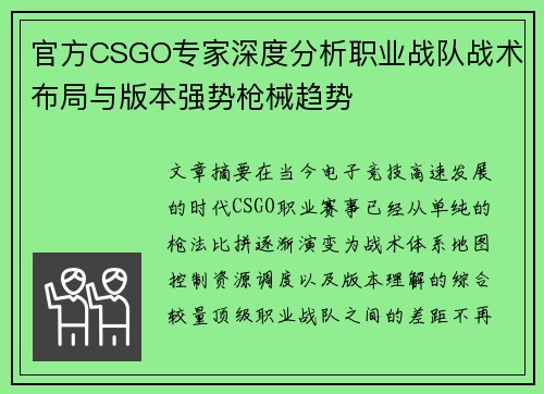 官方CSGO专家深度分析职业战队战术布局与版本强势枪械趋势