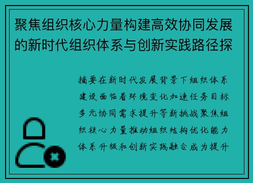 聚焦组织核心力量构建高效协同发展的新时代组织体系与创新实践路径探索 聚焦组织核心力量构建高效协同发展的新时代组织体系与创新实践路径探索